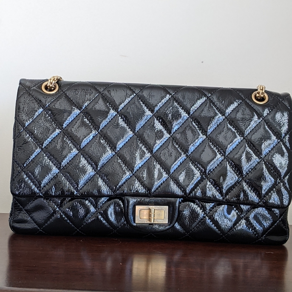 Chanel 2.55 reissue double flap bag 228 black patent leather